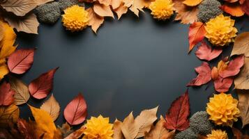 outono folhas em Sombrio fundo, topo visualizar. espaço para texto foto