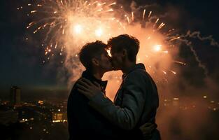 jovem gay casal se beijando juntos com fogos de artifício dentro fundo, celebração evento, ai gerado foto