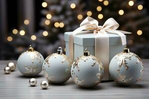 luxo presente conjunto do luz azul brilhante natal bolas dentro uma caixa com uma arco em uma fundo do Natal árvore luzes. festivo inverno decoração conceito. ai gerado. foto