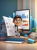 3d desenho animado personagem e computador com aberto Páginas rede analytics seo otimização painel de controle foto