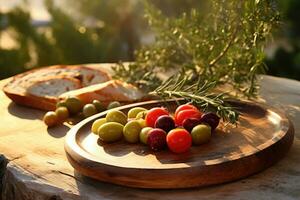 fresco legumes e pão em mesa dentro natureza. generativo ai foto
