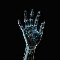 robótico digital mão em Sombrio fundo. generativo ai foto