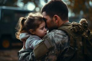 militares soldado abraçando dele filha. generativo ai foto