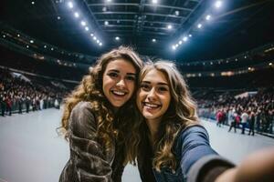 dois jovem mulheres às show capturando selfie dentro maciço interior arena foto