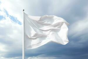 uma tremulando branco entrega bandeira contra uma tormentoso céu isolado em uma branco fundo foto