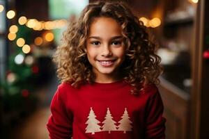feliz menina criança vestindo vermelho zombar acima equipe técnica pescoço suéter Natal suéter brincar com Natal decorações fundo foto