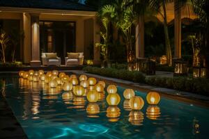 flutuando lanternas iluminação acima uma à beira da piscina Novo anos tropical festa foto