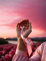 uma mulher mão segurando uma Rosa fita com uma fundo do Rosa céu foto