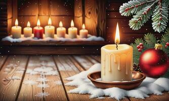 queimando vela Natal decoração em de madeira fundo dentro queda neve e desfocado luzes fundo foto