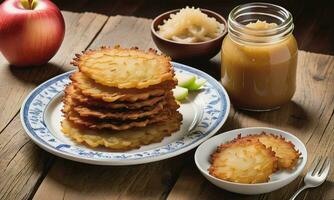 jarra do maçã molho e tigela do crocante judaico latkes em de madeira mesa foto