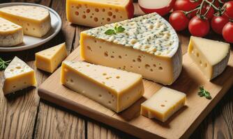 blocos do francês e peças emmental queijo em de madeira mesa foto