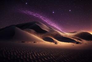 estrelado noite dentro a deserto com dunas, Sombrio noite céu com estrelas. leitoso caminho sobre a deserto. cênico Visão do deserto contra céu às noite. ai gerado foto