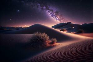 estrelado noite dentro a deserto com dunas, Sombrio noite céu com estrelas. leitoso caminho sobre a deserto. cênico Visão do deserto contra céu às noite. ai gerado foto