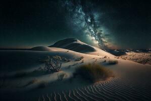 estrelado noite dentro a deserto com dunas, Sombrio noite céu com estrelas. leitoso caminho sobre a deserto. cênico Visão do deserto contra céu às noite. ai gerado foto