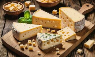 blocos do francês e peças emmental queijo em de madeira mesa foto