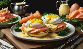 uma delicioso ovos Benedict com defumado salmão Hollandaise molho em de madeira mesa foto