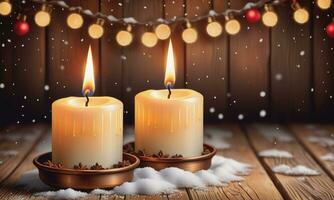 queimando vela Natal decoração em de madeira fundo foto