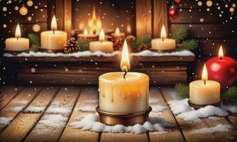 queimando vela Natal decoração em de madeira fundo dentro queda neve e desfocado luzes fundo foto
