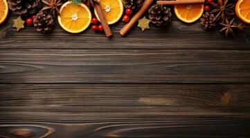 festivo Natal decorações do canela, pinho cones e laranjas em uma de madeira mesa. ai generativo foto