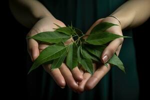 fêmea mãos segurando verde chá folhas. ai generativo foto