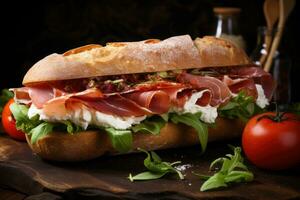 sanduíche com prosciutto, tomate e queijo em uma de madeira rústico fundo.. ai generativo foto