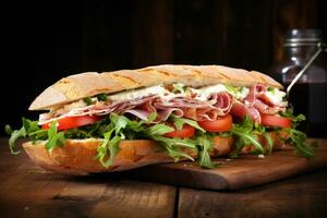 sanduíche com prosciutto, tomate e queijo em uma de madeira rústico fundo. generativo ai foto