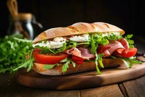 sanduíche com prosciutto, tomate e queijo em uma de madeira rústico fundo. generativo ai foto