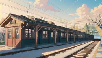 trem estação exterior tiro visual romance animê mangá fundo papel de parede foto