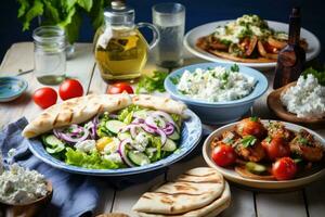 seleção do tradicional grego Comida - grego salada, tzatziki, souvlaki, giroscópios e cozido batatas. ai generativo foto