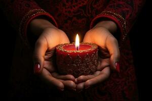 mulher mãos com hena segurando colorida argila diya lâmpadas aceso durante diwali celebração. ai generativo foto