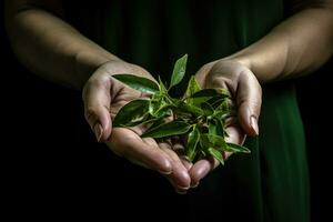 fêmea mãos segurando verde chá folhas. ai generativo foto