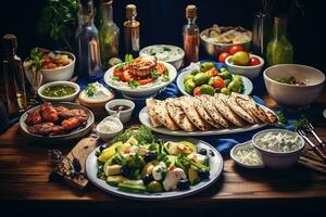 seleção do tradicional grego Comida - grego salada, tzatziki, souvlaki, giroscópios e cozido batatas. ai generativo foto