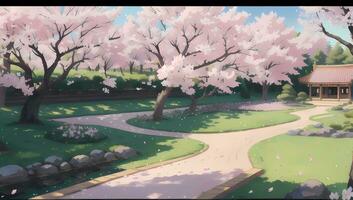 sakura jardim durante Primavera Tempo visual romance animê mangá fundo papel de parede foto