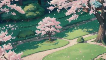 sakura jardim durante Primavera Tempo visual romance animê mangá fundo papel de parede foto