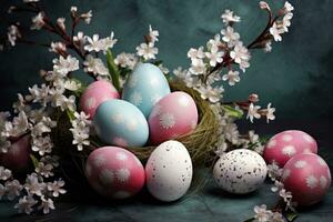 Páscoa ovos dentro uma ninho com Primavera flores em uma azul fundo, feliz Páscoa. congratulatório Páscoa fundo. Páscoa ovos e flores, ai gerado foto