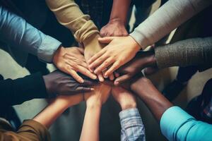 grupo do diverso pessoas colocando seus mãos juntos em topo do cada outro, grupo do diverso mãos juntos juntando conceito, capturado topo visualizar, ai gerado foto