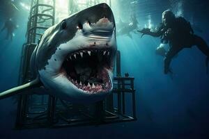 ótimo branco Tubarão dentro a profundo azul oceano. embaixo da agua fotografia, ótimo branco Tubarão mostrando Está dentes dentro frente do mergulhadores dentro uma mergulho jaula, ai gerado foto