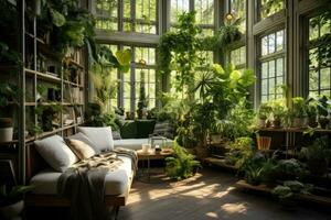 interior do uma moderno vivo quarto com uma acolhedor sofá e plantas, interior Projeto quarto com uma muitos do plantas, ai gerado foto