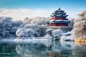 inverno panorama do a famoso gyeongbokgung Palácio dentro sul Coréia, imperial verão Palácio dentro Pequim, China, ai gerado foto