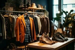 à moda roupas às roupa masculina loja com sapatos em de madeira mesa. gerar ai foto