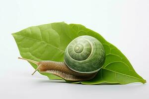 Caracol em verde folha sobre branco fundo lento mover. gerar ai foto