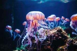 lindo medusa dentro a aquário. embaixo da agua mundo. marinho vida, medusa dentro a aquário. cenário do uma lindo medusa, ai gerado foto