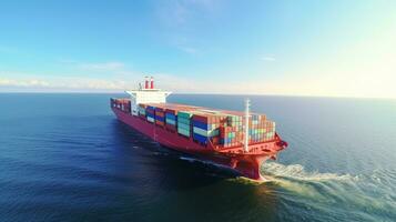 zangão Visão do uma frente do recipiente navio dentro a grande oceano com azul céu foto