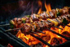 churrasco espetos carne kebabs em grade. generativo ai foto
