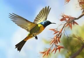 Oliva Apoiado pássaro solar, amarelo barrigudo sunbird vôo dentro a brilhante céu. generativo ai foto