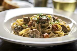 tagliatelle com linguiça e Porcini, massa com linguiça e verão cep cogumelo. generativo ai foto