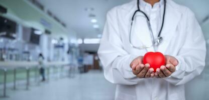 médico mostrando uma vermelho coração às hospital representa médico saúde Cuidado e médico funcionários serviço conceito. foto