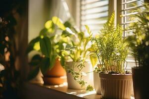 casa plantas em peitoril da janela dentro manhã luz solar. generativo ai foto