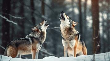 Lobos dentro a inverno floresta cantando seus sentimentos. generativo ai foto