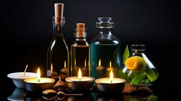 saciar dentro tranquilidade com spa óleos, velas, e cosméticos para total relaxamento. generativo ai foto